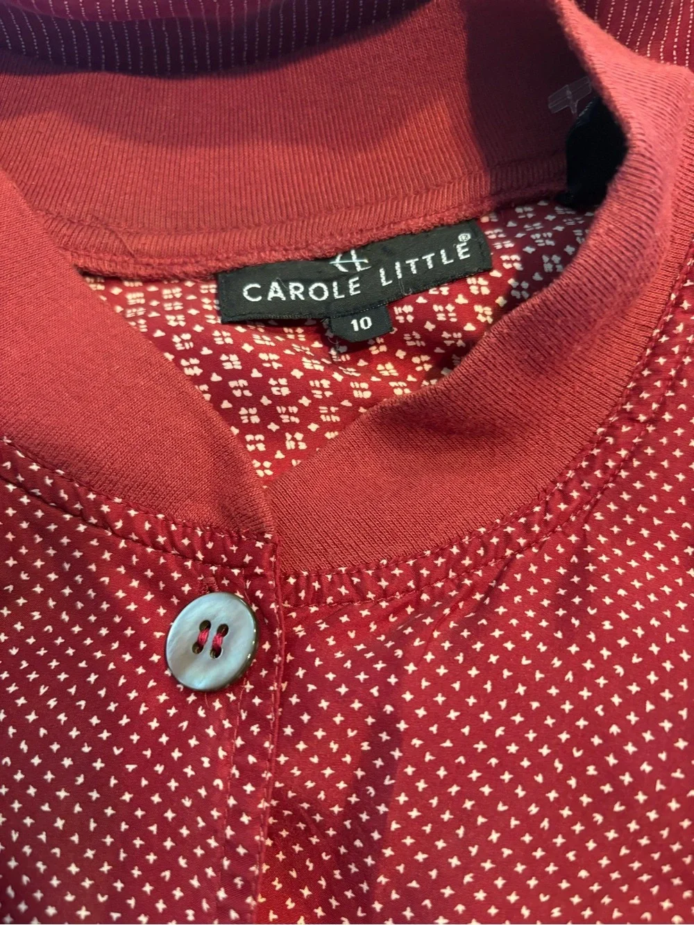 Vintage Carole Little 100% Silk Bomber Jacket Burgundy Print Size 10